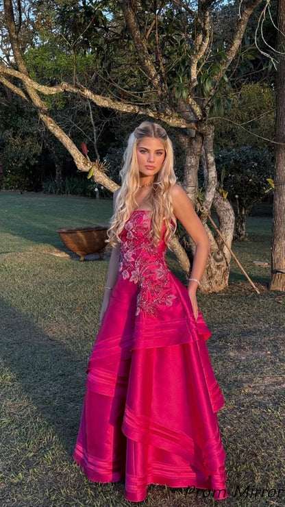 Princess Hot Pink Strapless Embroidery Appliques Ruffle Satin Long Prom Dress