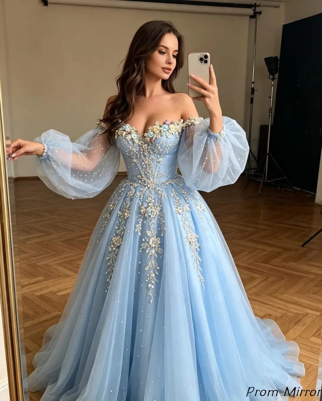 Princess Off The Shoulder Beaded Light Blue Floral Pearl Long Prom Dress, Evening Dresses