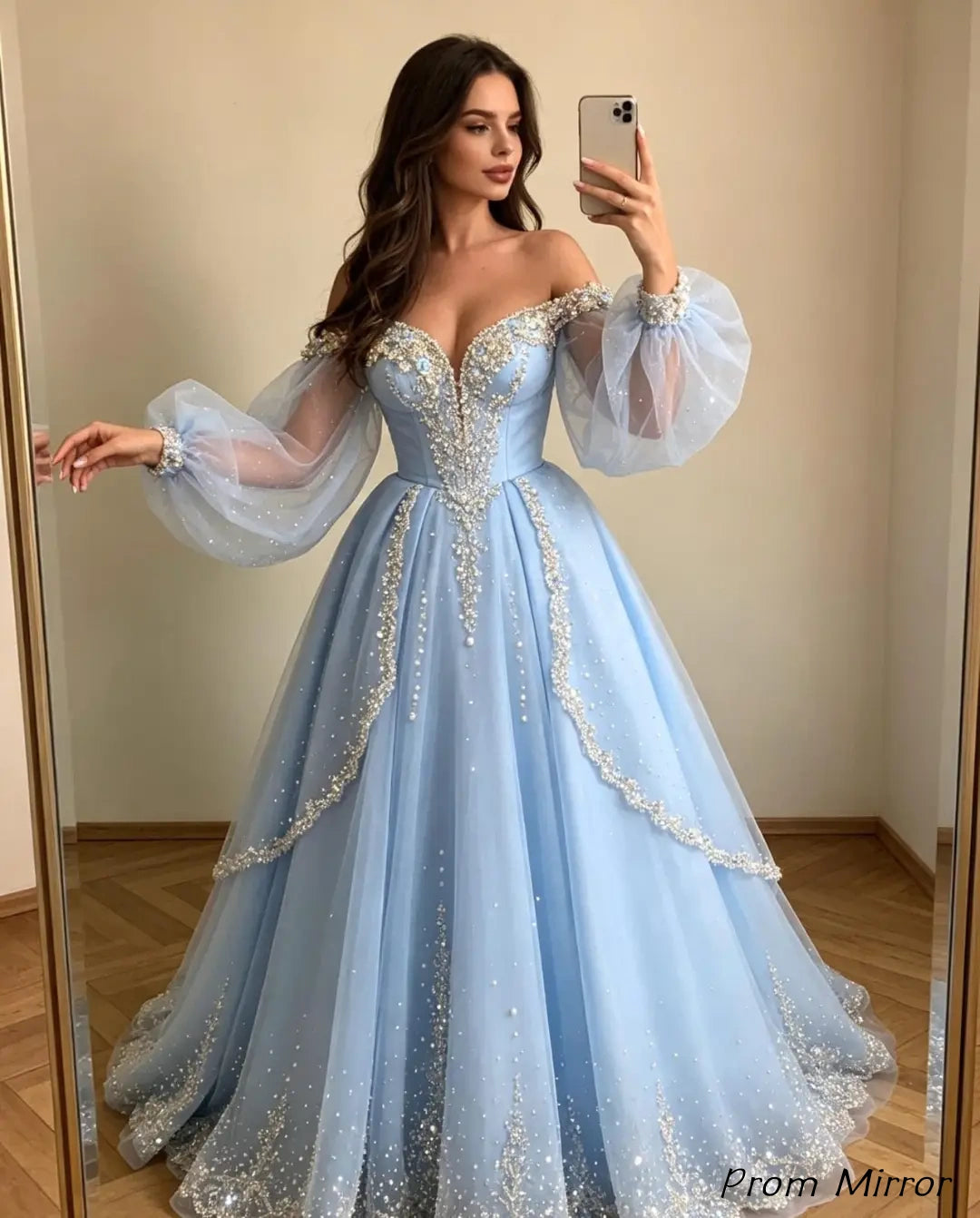 Princess Off The Shoulder Beaded Light Blue Long Prom Dress, Evening Dresses