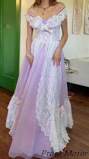Princess Purple Vintage Lace Patchwork Front Open A-line Prom Dress