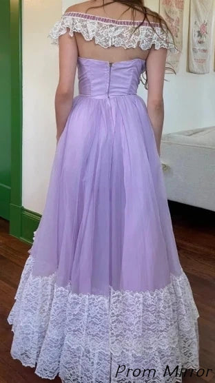 Princess Purple Vintage Lace Patchwork Front Open A-line Prom Dress