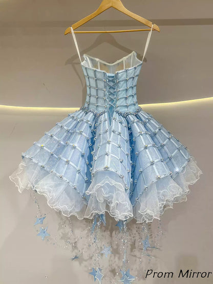 Princess Sky Blue Beaded Homecoming Dresses Short Ball Gown