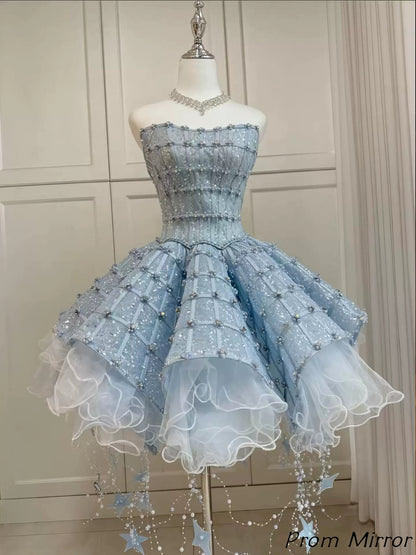 Princess Sky Blue Beaded Homecoming Dresses Short Ball Gown