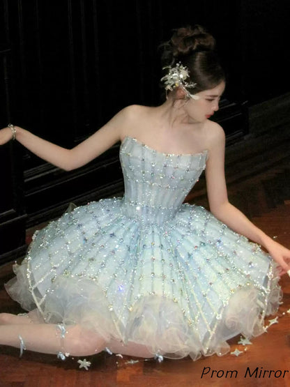 Princess Sky Blue Beaded Homecoming Dresses Short Ball Gown