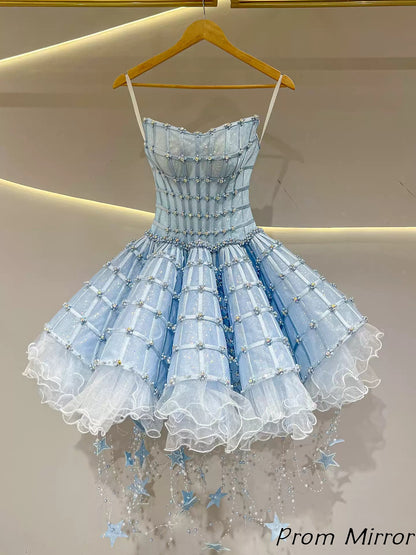 Princess Sky Blue Beaded Homecoming Dresses Short Ball Gown
