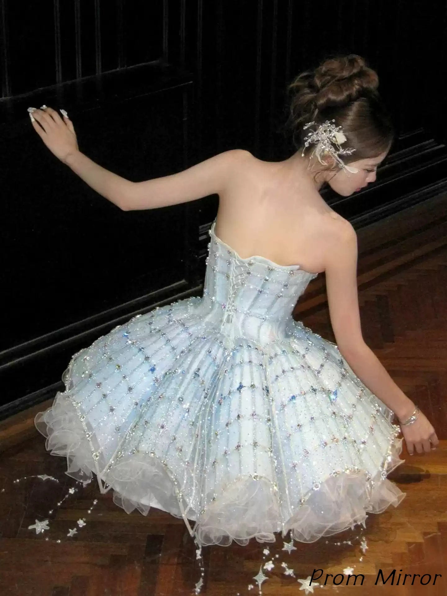 Princess Sky Blue Beaded Homecoming Dresses Short Ball Gown