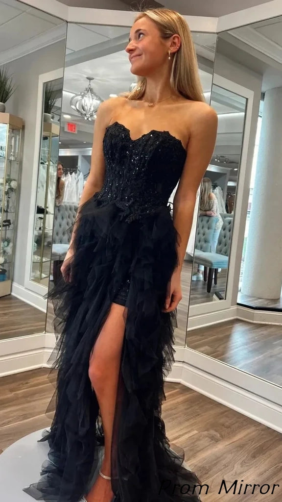 Black Sweetheart Applique Ruffle Long Prom Dresses