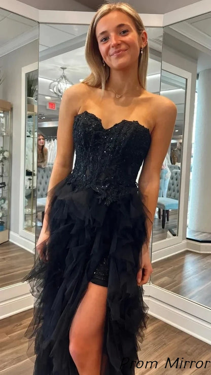 Black Sweetheart Applique Ruffle Long Prom Dresses