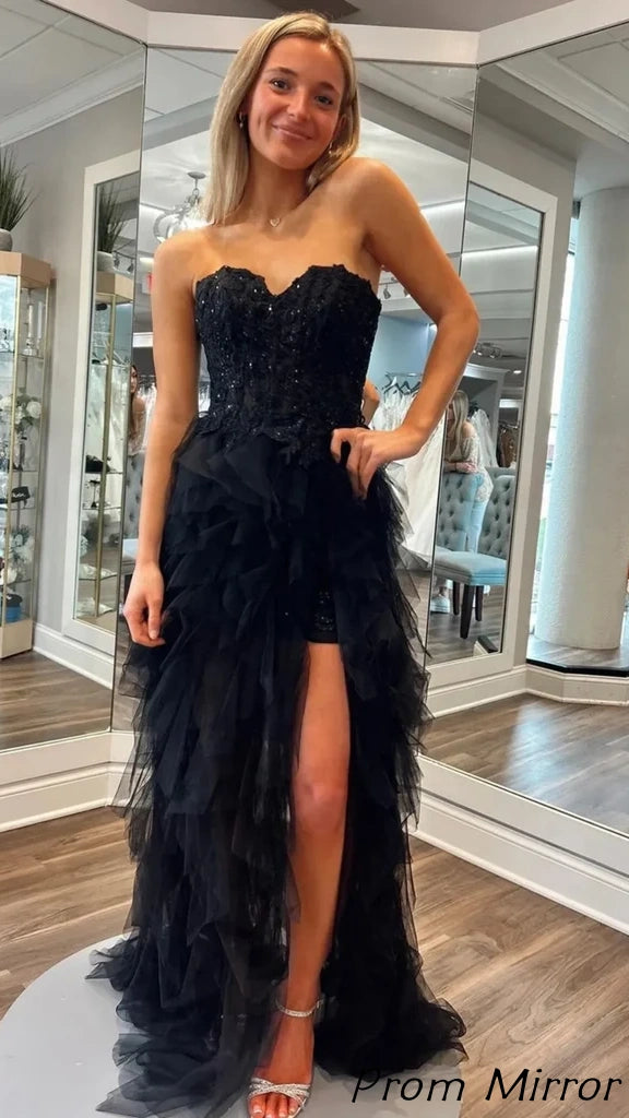 Black Sweetheart Applique Ruffle Long Prom Dresses