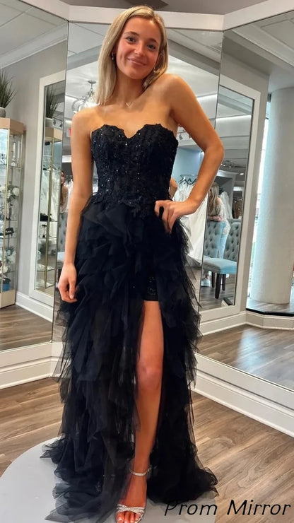 Black Sweetheart Applique Ruffle Long Prom Dresses