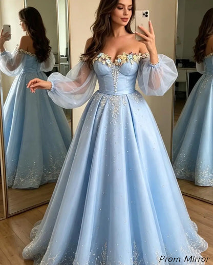 Princess Off The Shoulder Beaded Light Blue Floral Pearl Long Prom Dress, Evening Dresses