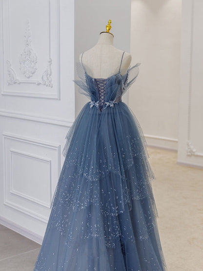 Princess Straps Blue Beaded Layers Long Formal Dress