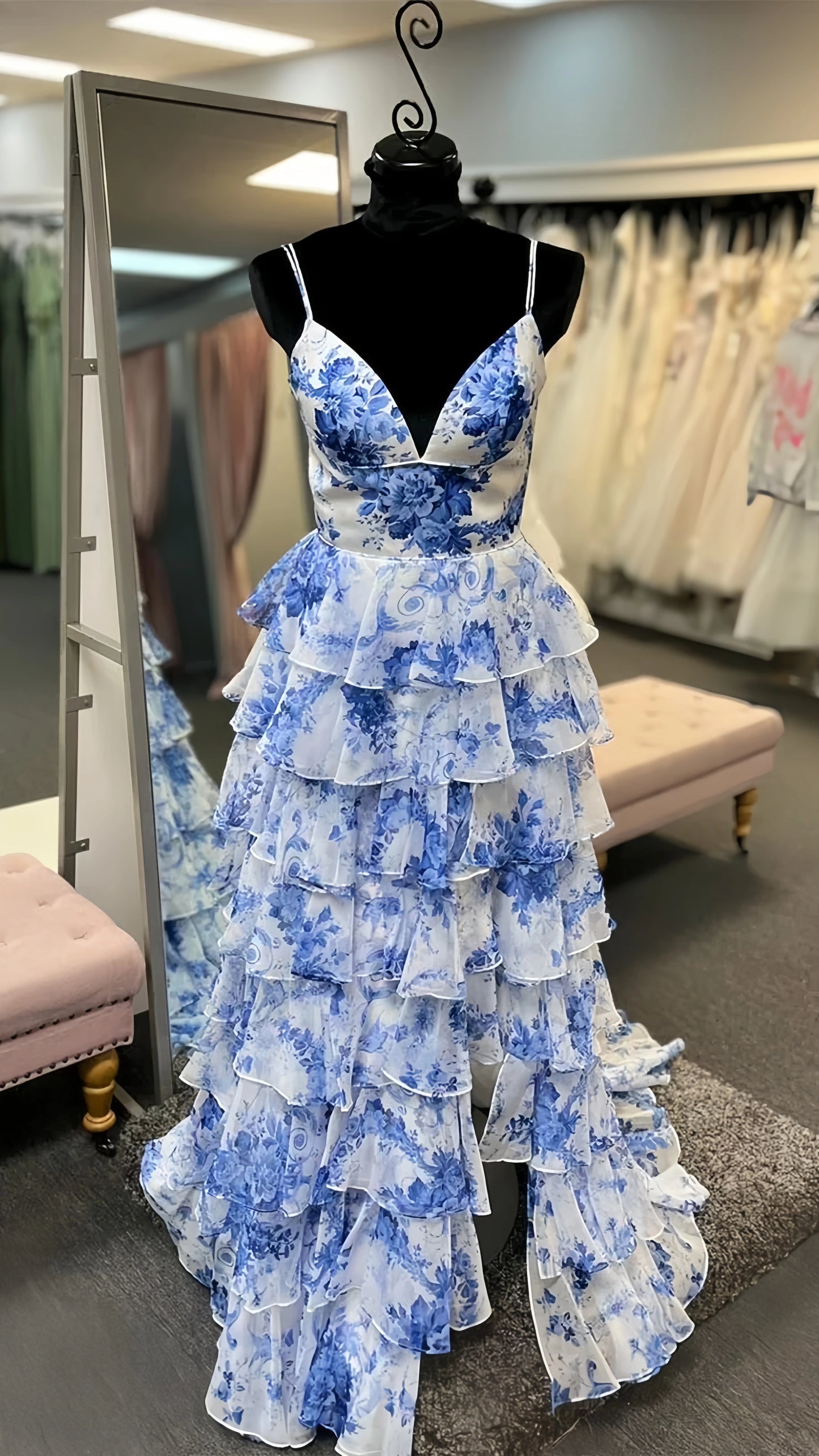 Prom Mirror Floral Printing Tiered Prom Dress, Ruffles Evening Formal Gown