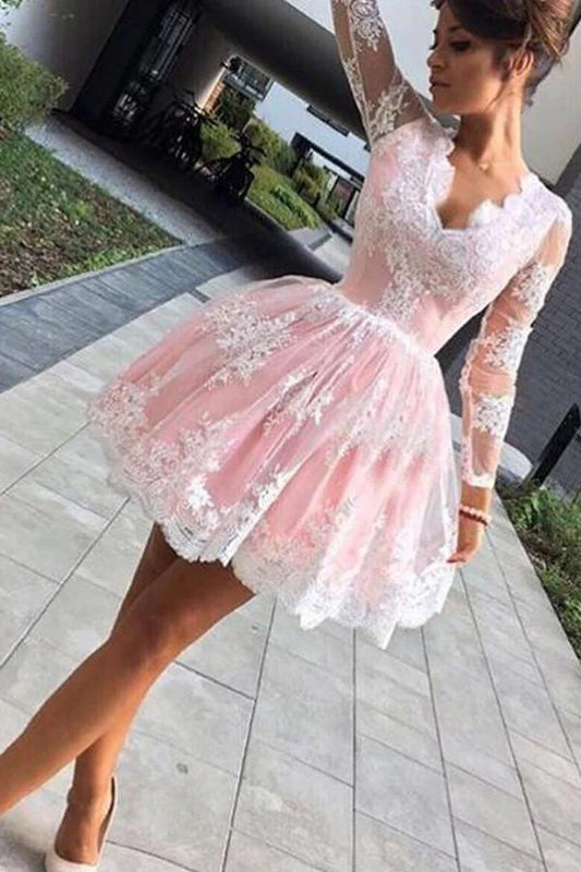 Prom Mirror Pink Lace Homecoming Dresses