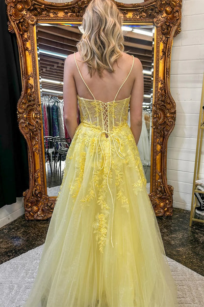Prom Mirror Yellow Appliques V-Neck A-Line Long Prom Dresses