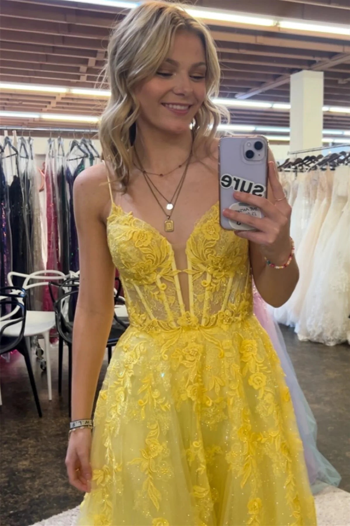 Prom Mirror Yellow Appliques V-Neck A-Line Long Prom Dresses