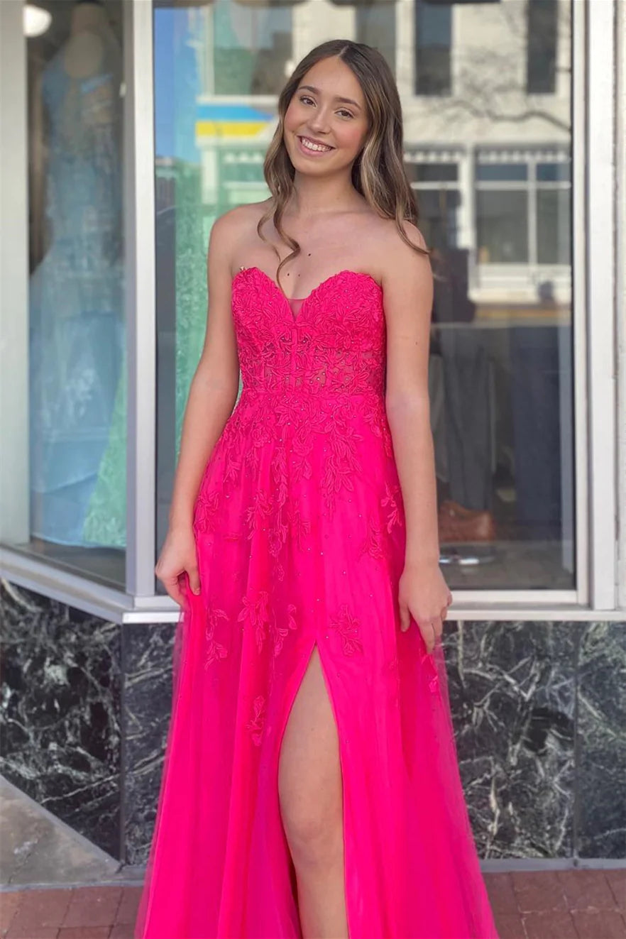 Fuchsia Sweetheart Appliques Beaded Long Prom Dresses With Side Slit