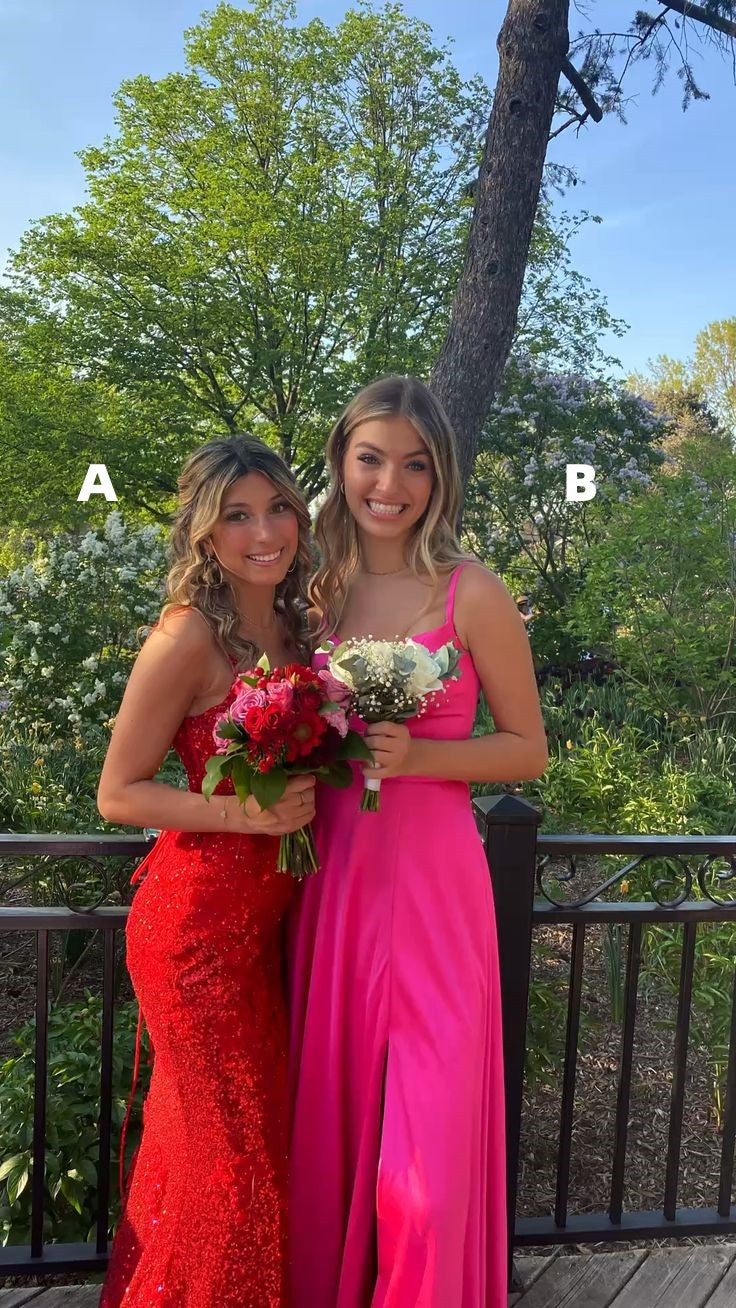 Spaghetti Straps Hot Pink Satin Prom Dresses With Side Slit, Style B