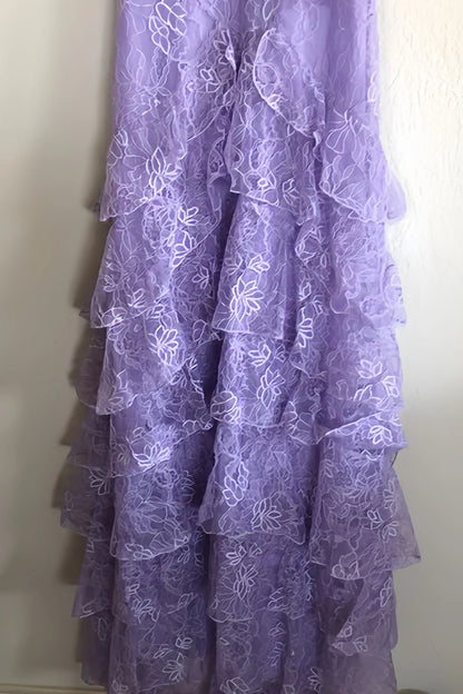 Lavender Lace Evening Dresses, Ruffle Party Dresses, Long Prom Dresses For Teen