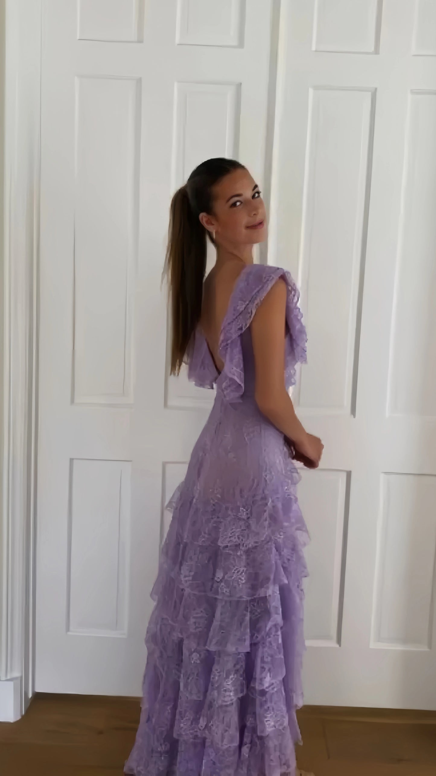 Lavender Lace Evening Dresses, Ruffle Party Dresses, Long Prom Dresses For Teen