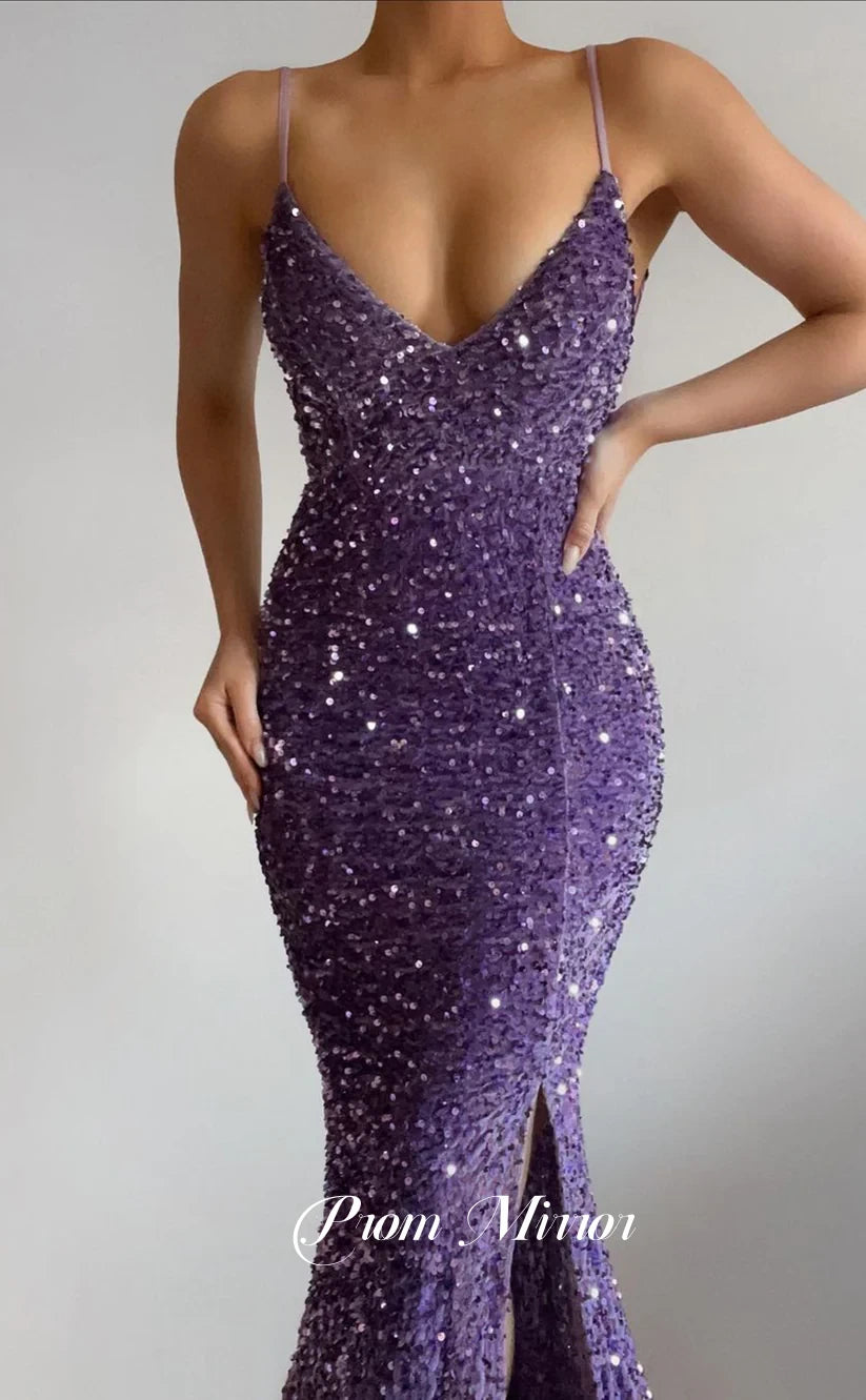 Purple Sequin Bodycon Sheath Long Prom Dresses – prommirror