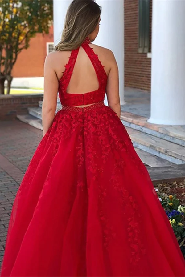 Two Pieces Red Applique Beads Long Prom Evening Dress