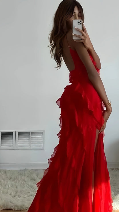 Red Chiffon Ruffle Long Prom Dresses Sheath Party Dress