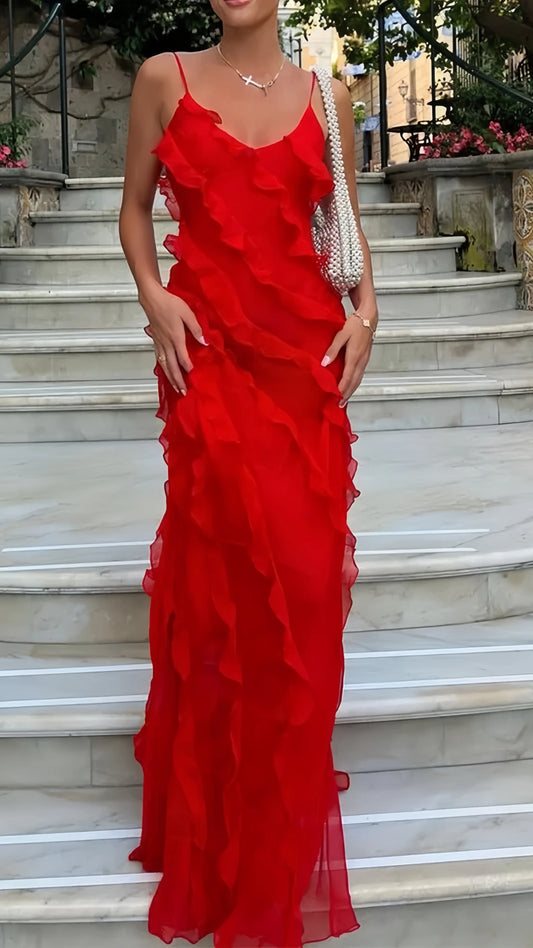 Red Chiffon Ruffle Long Prom Dresses Sheath Party Dress