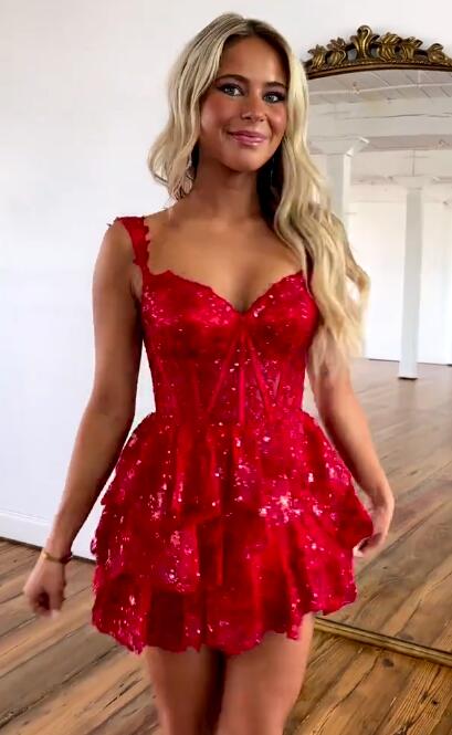 Red Homecoming Dress Lace Ruffle Cocktail Dresses