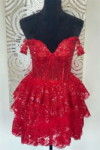 Red Homecoming Dress Lace Ruffle Cocktail Dresses