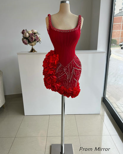 Red Homecoming Dresses Pearl Beaded 3D Floral Mini Party Dress