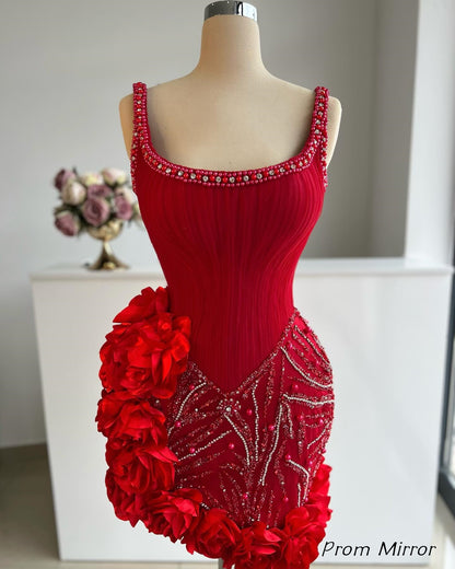 Red Homecoming Dresses Pearl Beaded 3D Floral Mini Party Dress