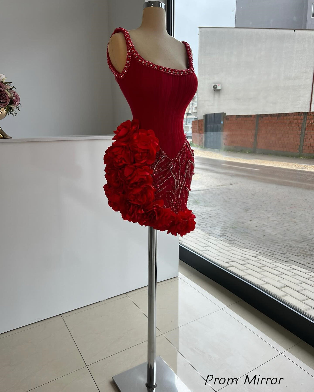 Red Homecoming Dresses Pearl Beaded 3D Floral Mini Party Dress