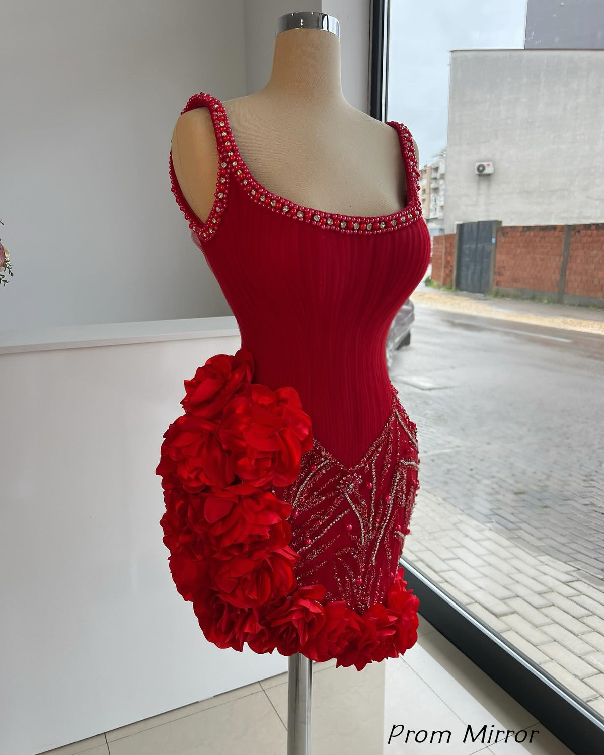 Red Homecoming Dresses Pearl Beaded 3D Floral Mini Party Dress