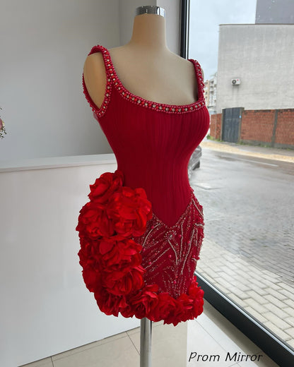Red Homecoming Dresses Pearl Beaded 3D Floral Mini Party Dress
