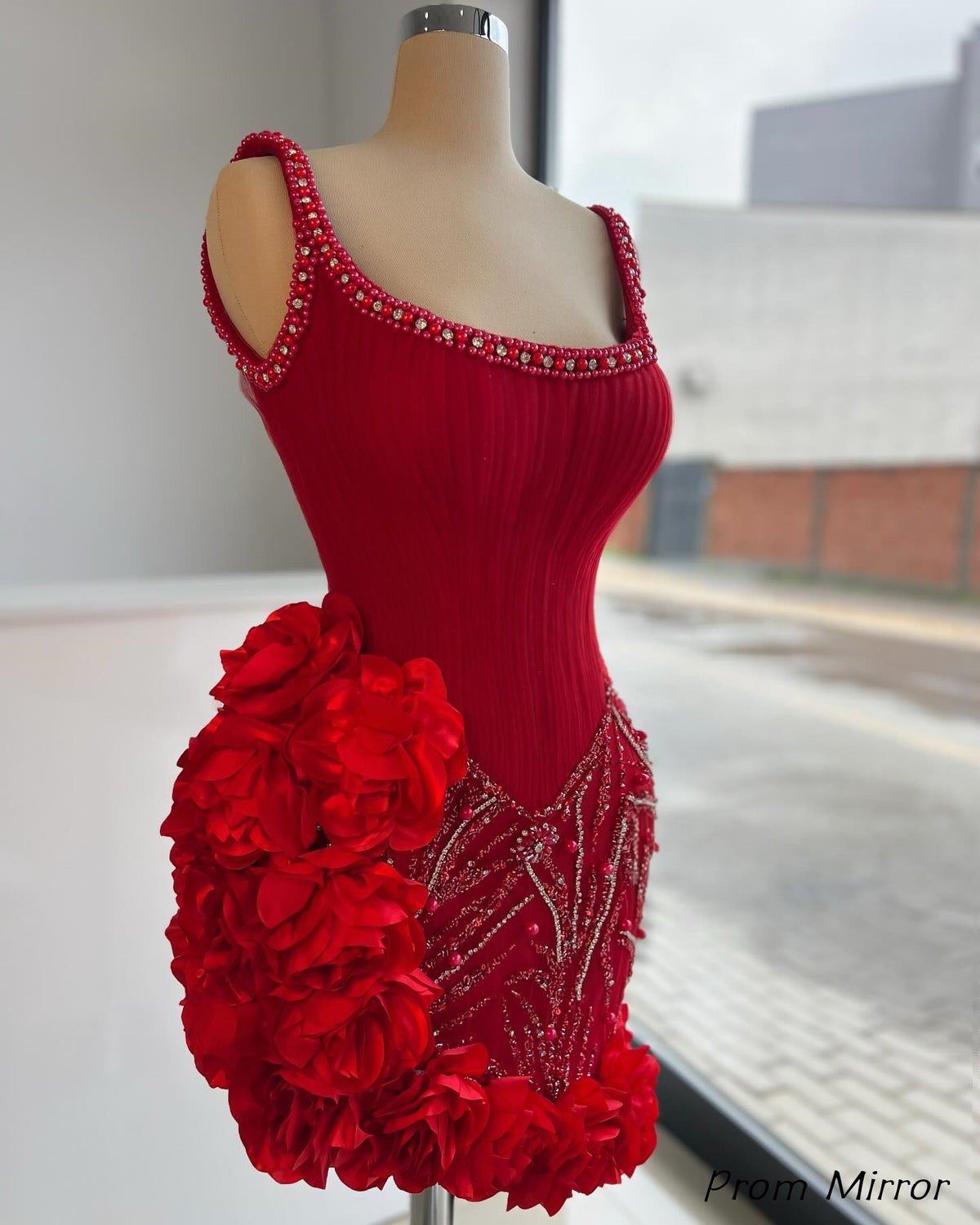 Red Homecoming Dresses Pearl Beaded 3D Floral Mini Party Dress