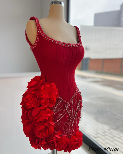 Red Homecoming Dresses Pearl Beaded 3D Floral Mini Party Dress