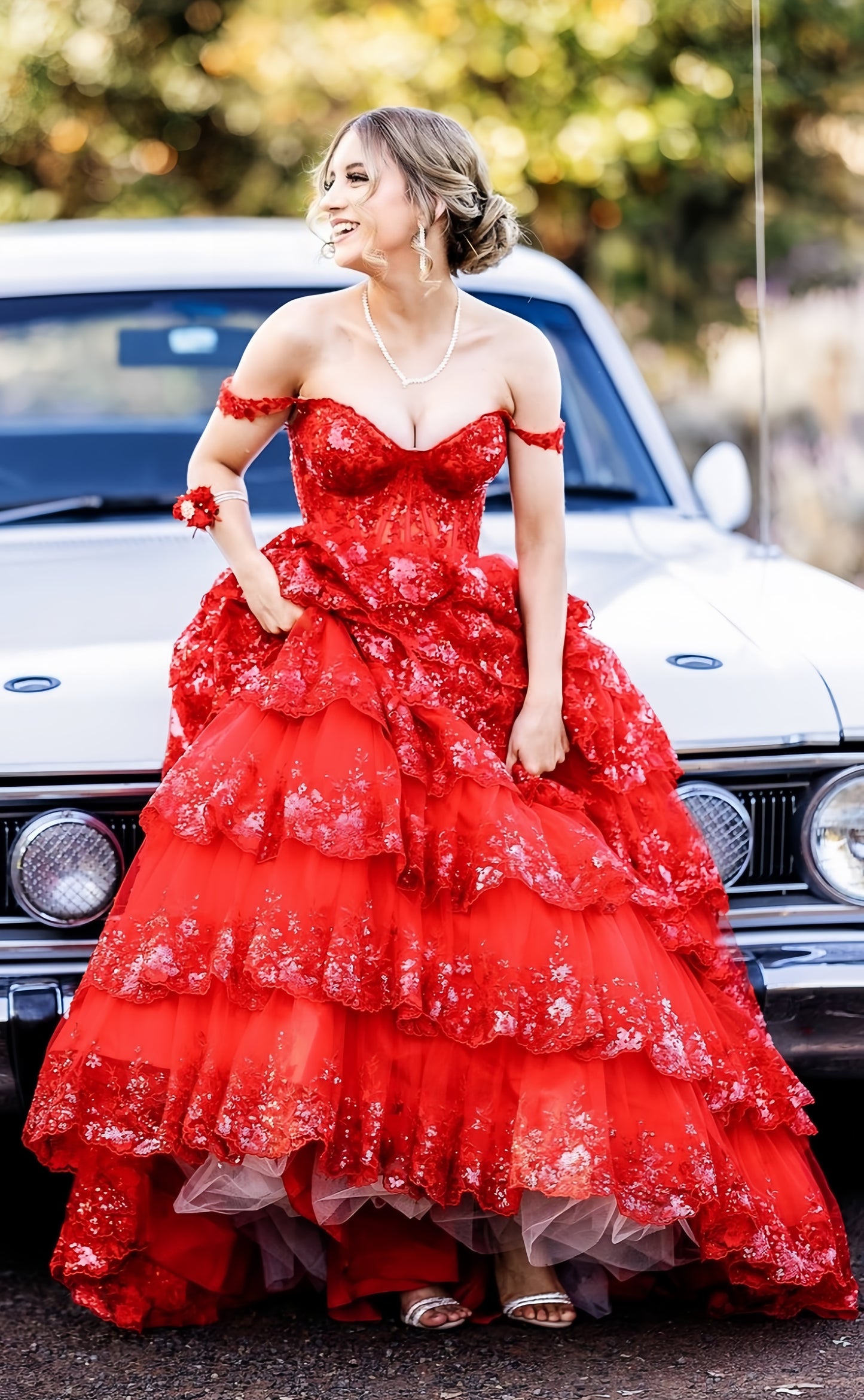 Red Lace Evening Prom Dresses, Long Formal Birthday Dresses