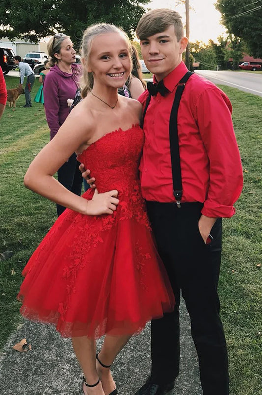 Red Strapless Lace Homecoming Dresses