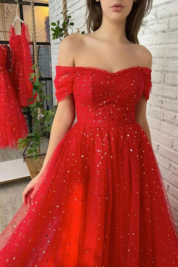 Sparkle Off The Shoulder A-Line Tulle Prom Dresses – prommirror