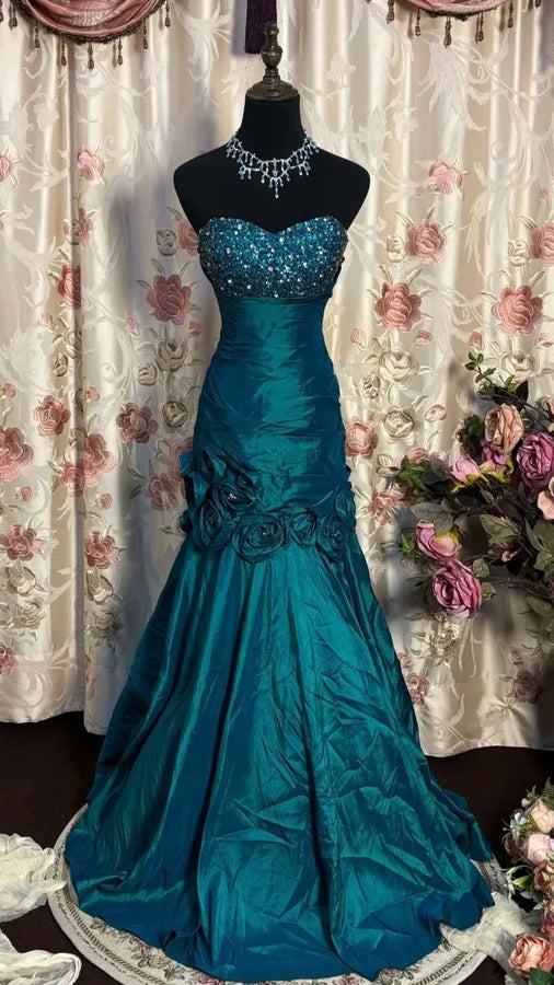 Retro Ball Gown Sweetheart Teal Satin Beaded Without Sleeves Long Prom Dress,Evening Dress