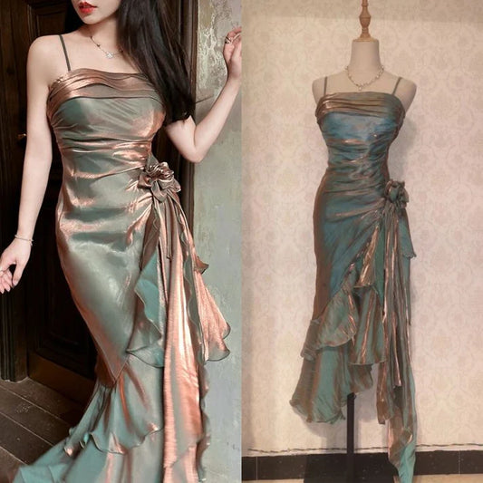 Retro Mermaid Spaghetti Straps Satin Long Party Dress Prom Dresses