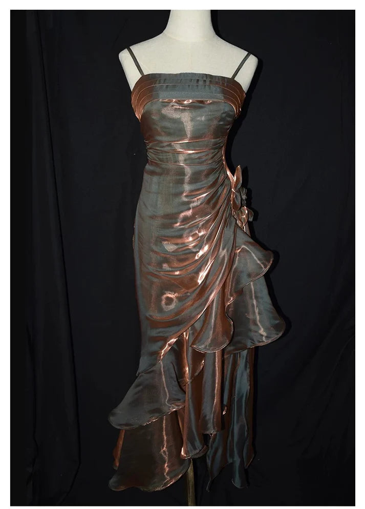 Retro Mermaid Spaghetti Straps Satin Long Party Dress Prom Dresses