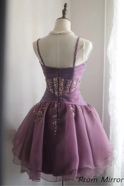 Retro Purple Beading Design A-line Tulle Spaghetti Strap Party Dresses Homecoming Dresses
