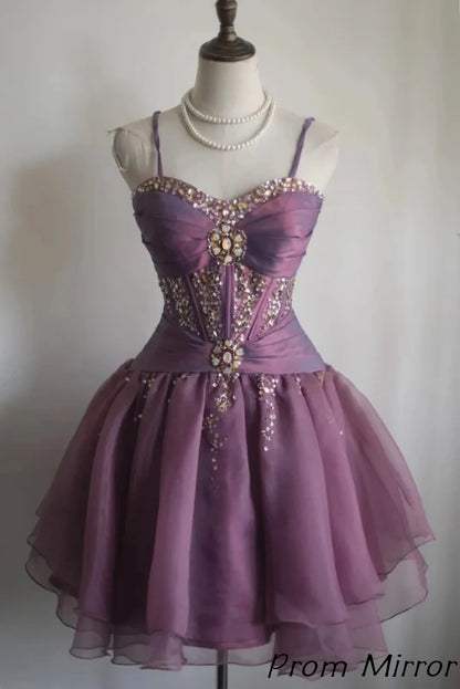 Retro Purple Beading Design A-line Tulle Spaghetti Strap Party Dresses Homecoming Dresses