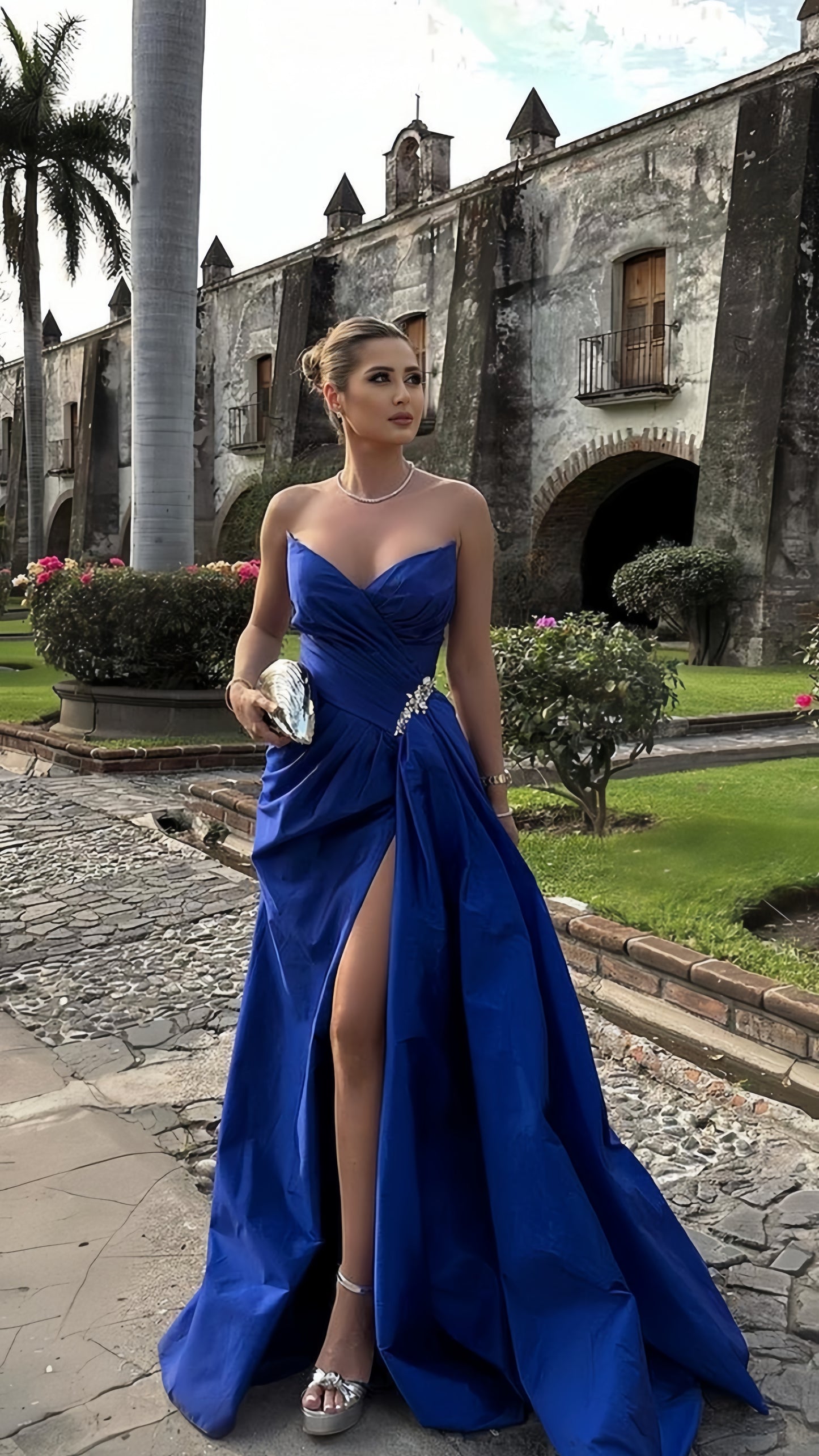 Royal Blue A-Line Satin Prom Dresses Sleeveless Party Gown