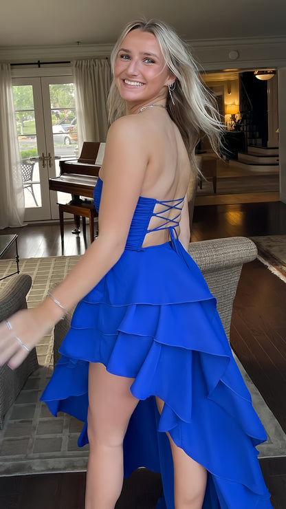 Royal Blue Long Prom Dresses, Strapless Ruffle Party Gown