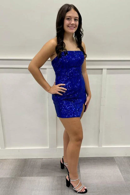 Royal Blue Sequin Strapless Homecoming Dresses