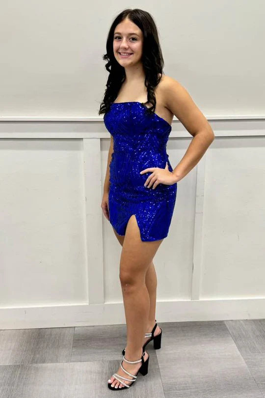 Royal Blue Sequin Strapless Homecoming Dresses