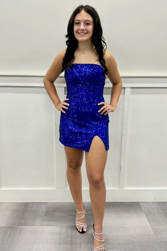 Royal Blue Sequin Strapless Homecoming Dresses